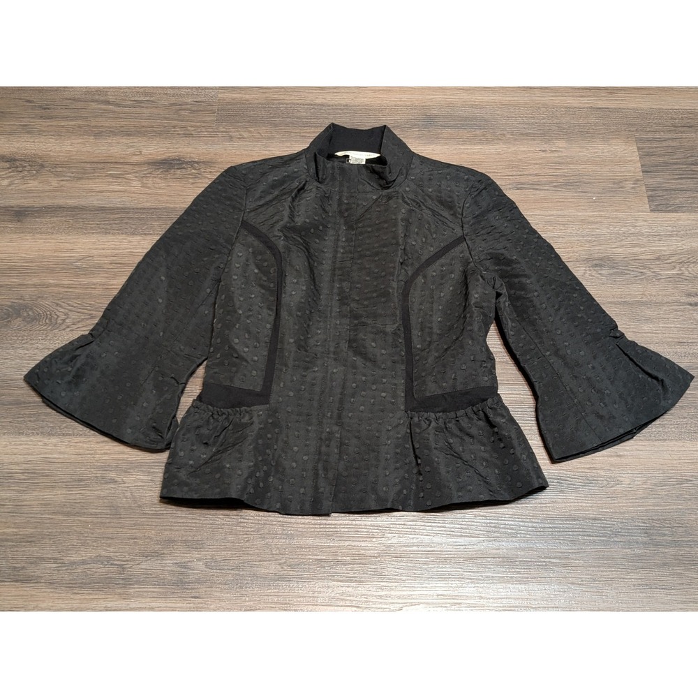 DIANE VON FURSTENBERG Jacket Women's 10 Black Dot Frill‎ Full Zip 3/4 Sleeves